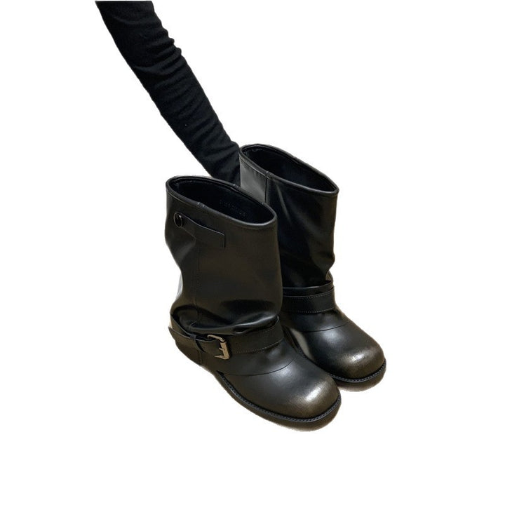 Women's Slouchy Biker Ankle Boots with Adjustable Buckle Strap and Round Toe Shape Mune Fashion