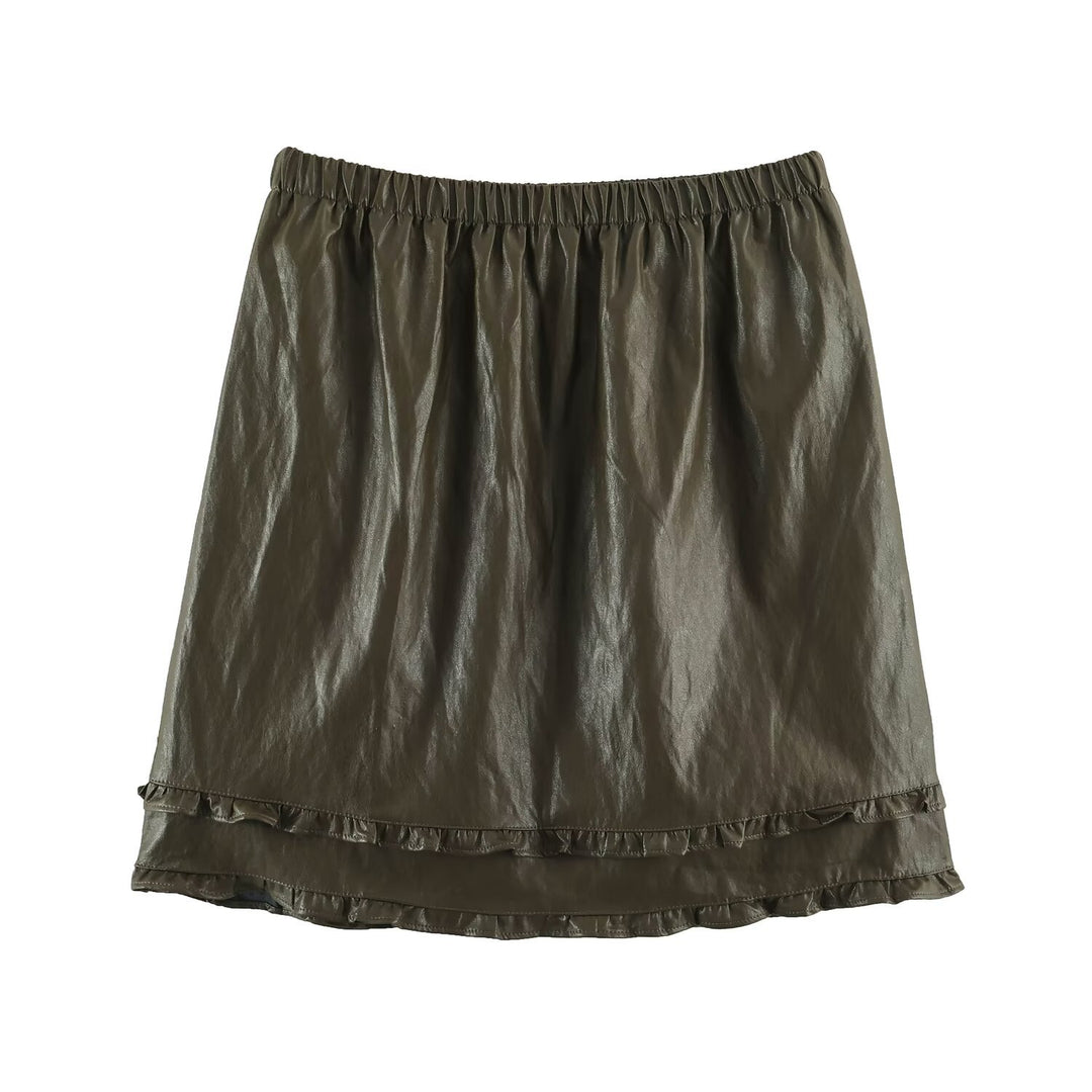 Women’s midi dress made of coated synthetic leather with elastic waistband and double-layered ruffle trim Mune Fashion