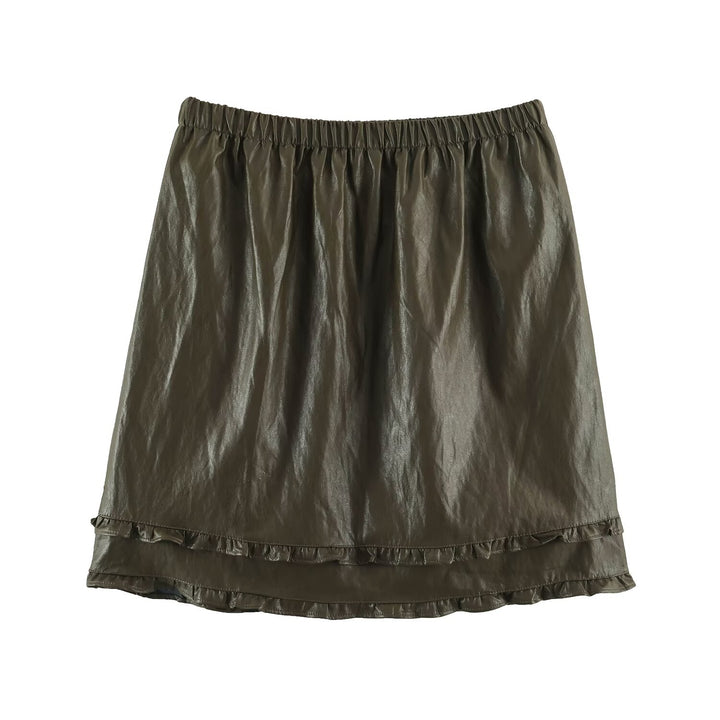 Women’s midi dress made of coated synthetic leather with elastic waistband and double-layered ruffle trim Mune Fashion