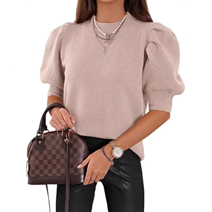 Women's short-cut fine knit sweater with puff sleeves and ribbed cuffs Drune