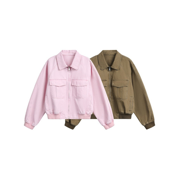 Women's cropped boxy bomber jacket made of cotton blend with flap pockets and full-length zipper Mune Fashion