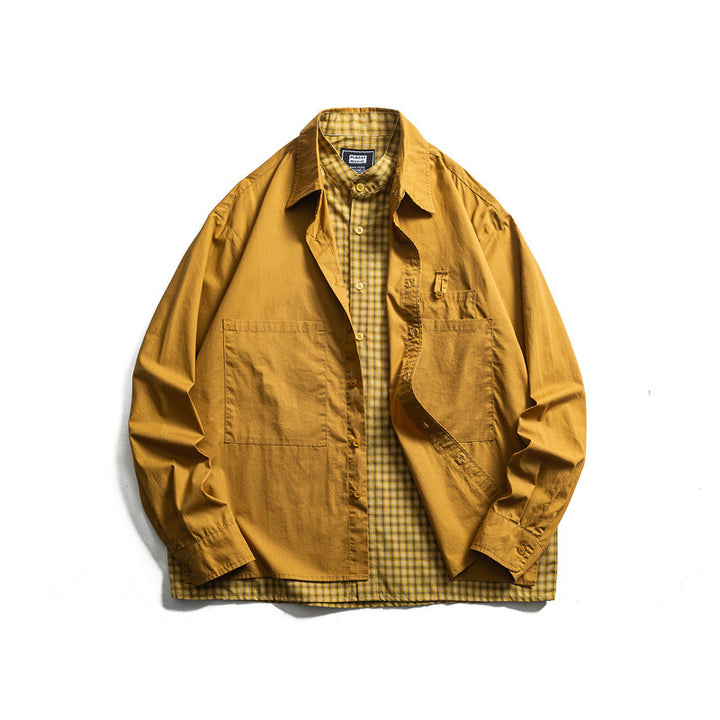 Men's layered look overshirt with patch front pockets, loose fit and checked underlay Mune Fashion