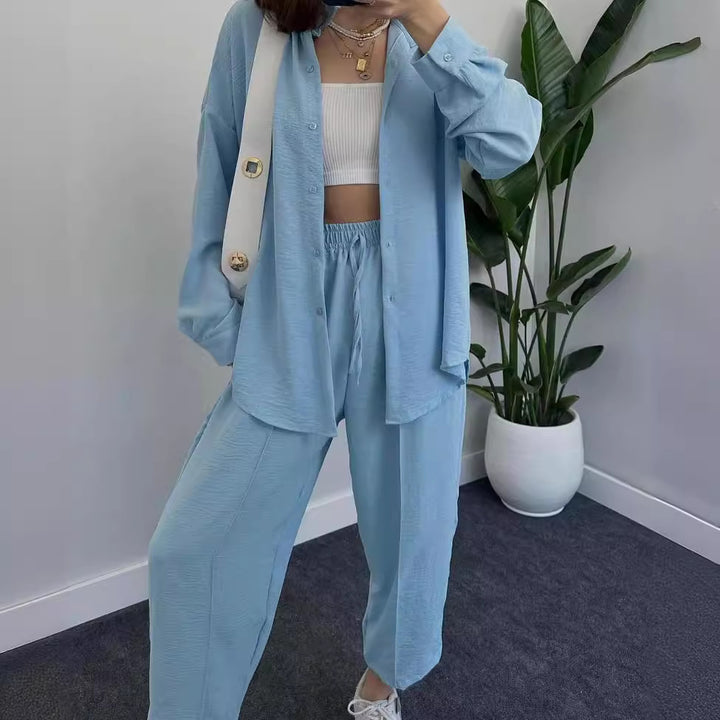 Women's Casual Two-Piece Lounge Set Made of Crêpe with Oversized Shirt and High Elastic Waistband Mune Fashion
