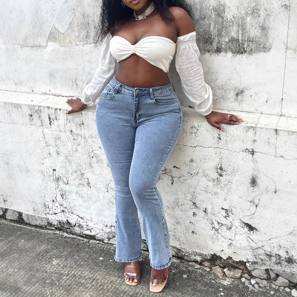 Women High-Waist Stretch Jeans with light flare and side snap button details Mune Fashion