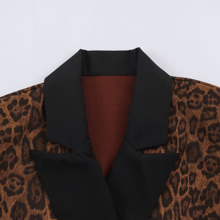 Women Double-Breasted Coat with Leopard Print and Satin Shawl Collar Mune Fashion