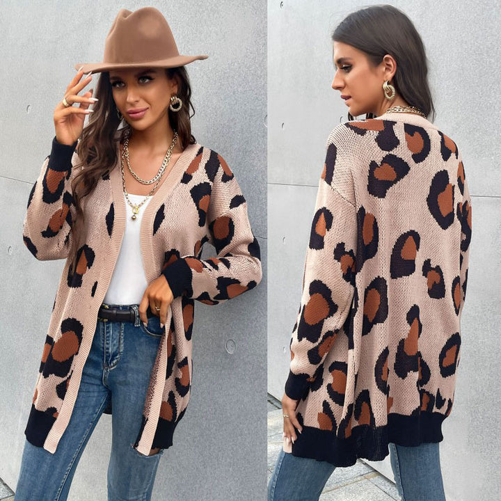 Women's Longline Cardigan in Leo Jacquard with Open Front and Ribbed Cuffs Mune Fashion