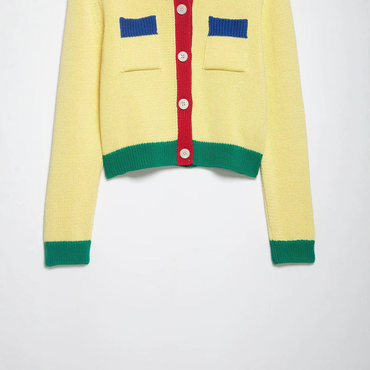 Women's Short Cardigan with Contrast Trim and Decorative Chest Pockets Mune Fashion