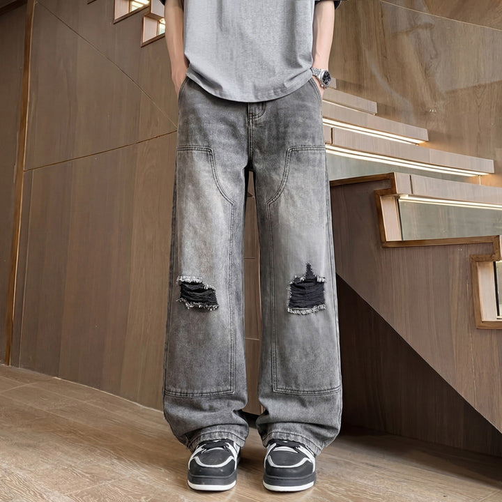 Men's Wide Baggy Jeans with Used Wash, Knee Rips & Utility Seams Mune Fashion