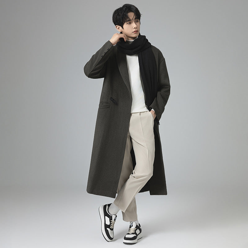 Men's maxi-length wool blend overcoat in oversized fit with wide shawl collar and decorative belt Mune Fashion
