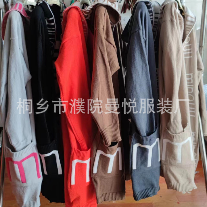 Women’s Oversized Knitted Hoodie Cardigan with Logo Border Mune Fashion