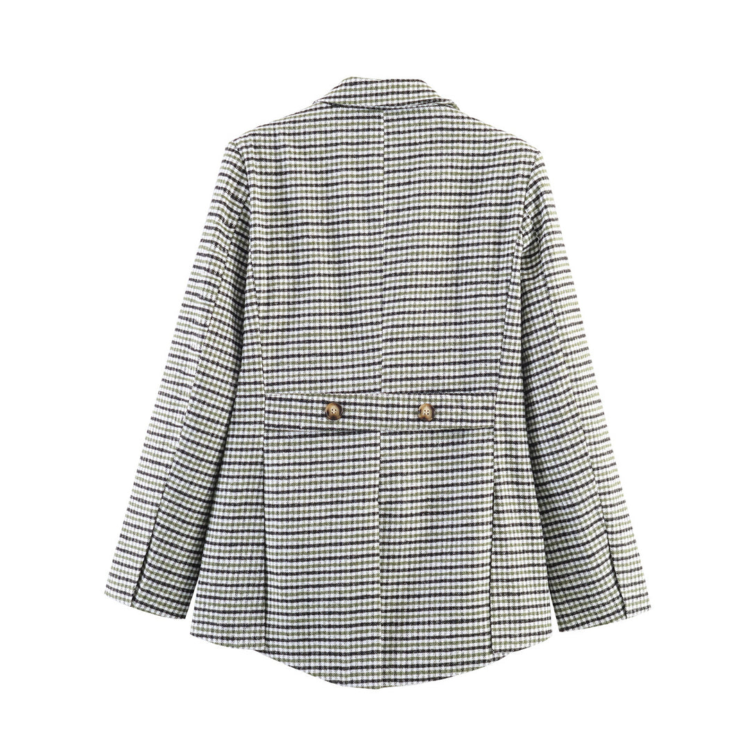 Women's Check Blazer with Asymmetrical Cropped Front and Wooden Buttons Mune Fashion