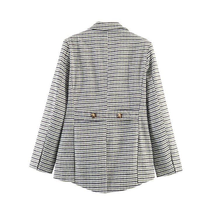 Women's Check Blazer with Asymmetrical Cropped Front and Wooden Buttons Mune Fashion