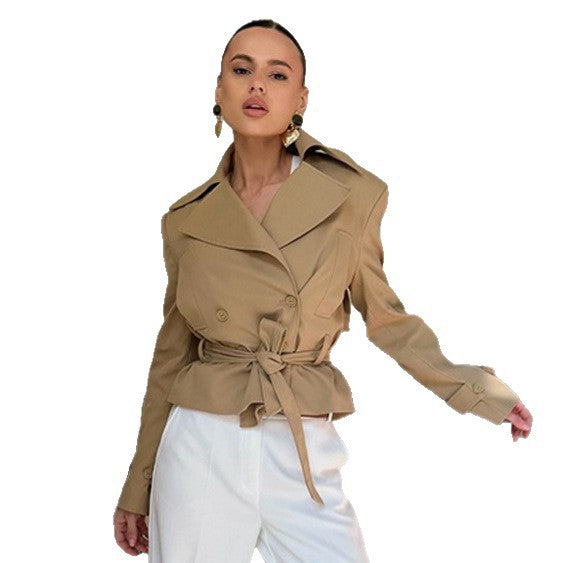 Women Tailored Trench Set with Peplum, Tied Belt & Pencil Skirt Mune Fashion