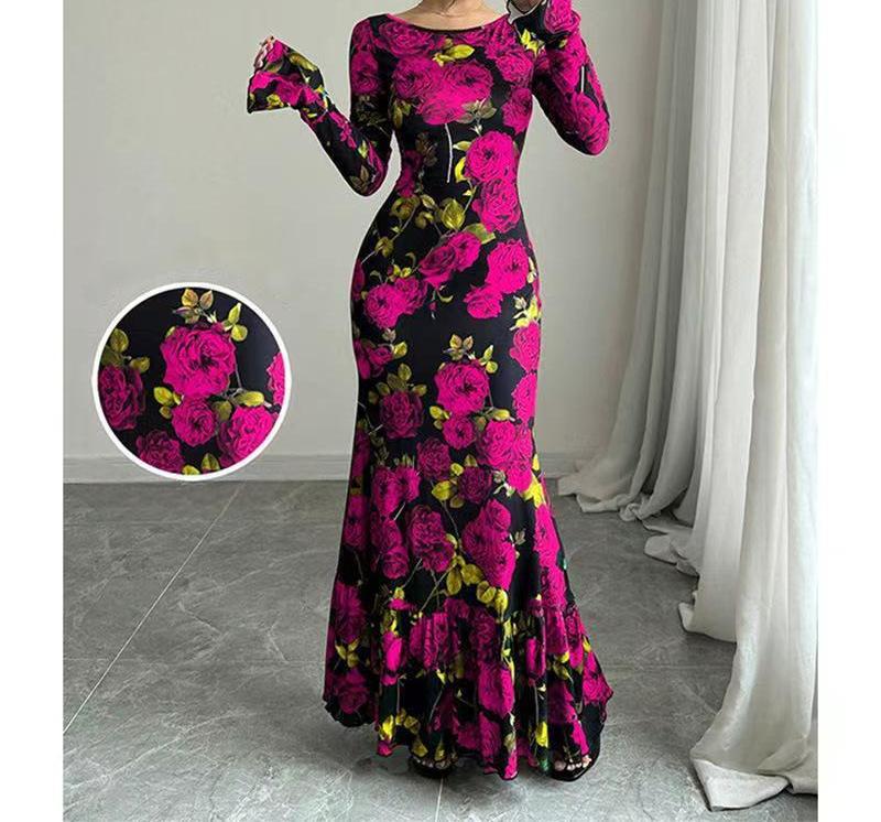 Women's fitted maxi dress with mermaid cut, long bell sleeves, and ruffled hem Mune Fashion