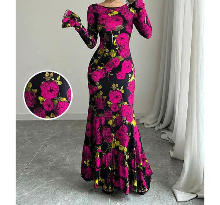 Women's fitted maxi dress with mermaid cut, long bell sleeves, and ruffled hem Mune Fashion