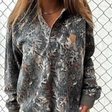 Women's patterned fleece pullover with short zipper, polo collar and ribbed cuffs Mune Fashion