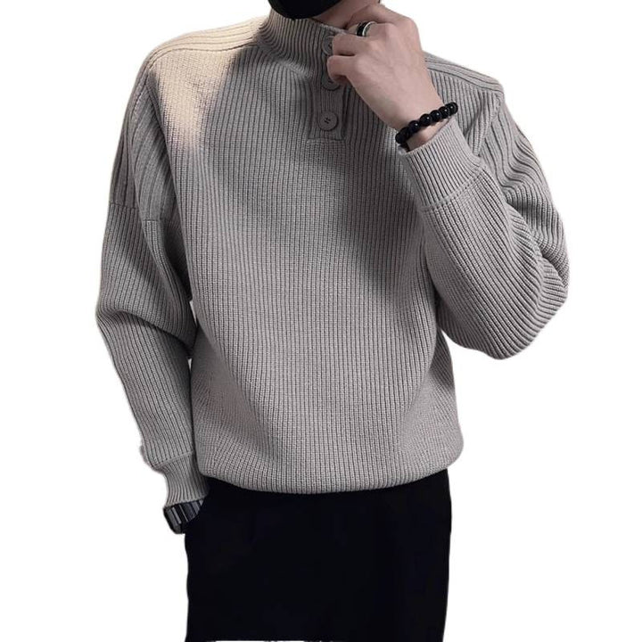 Men's Relaxed Rib Knit Sweater with Half Button Stand Collar Mune Fashion