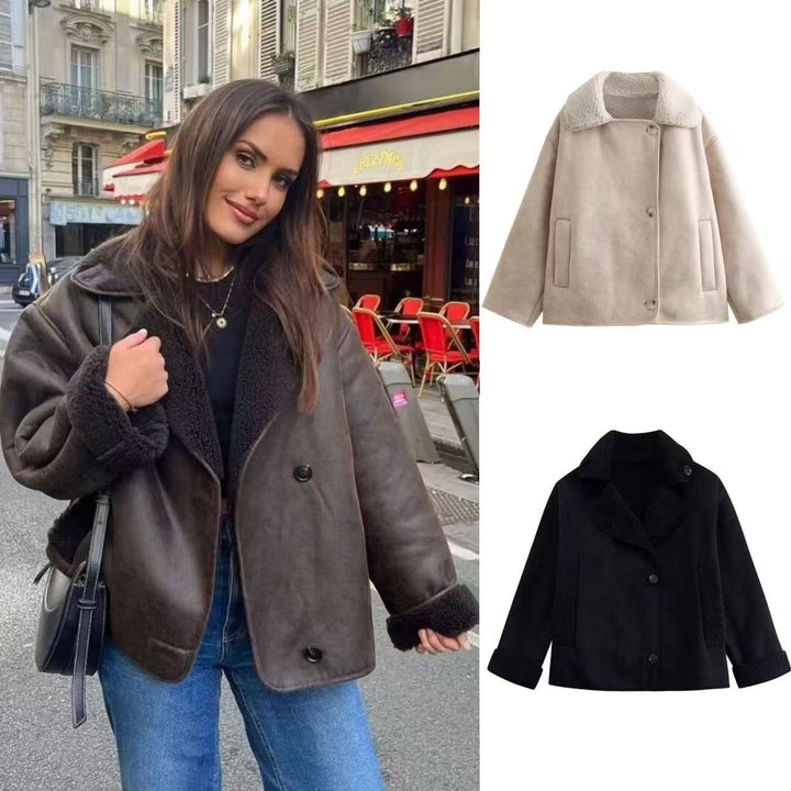Ladies nan short winter jacket with soft teddy lining, wrap collar and button placket Mune Fashion
