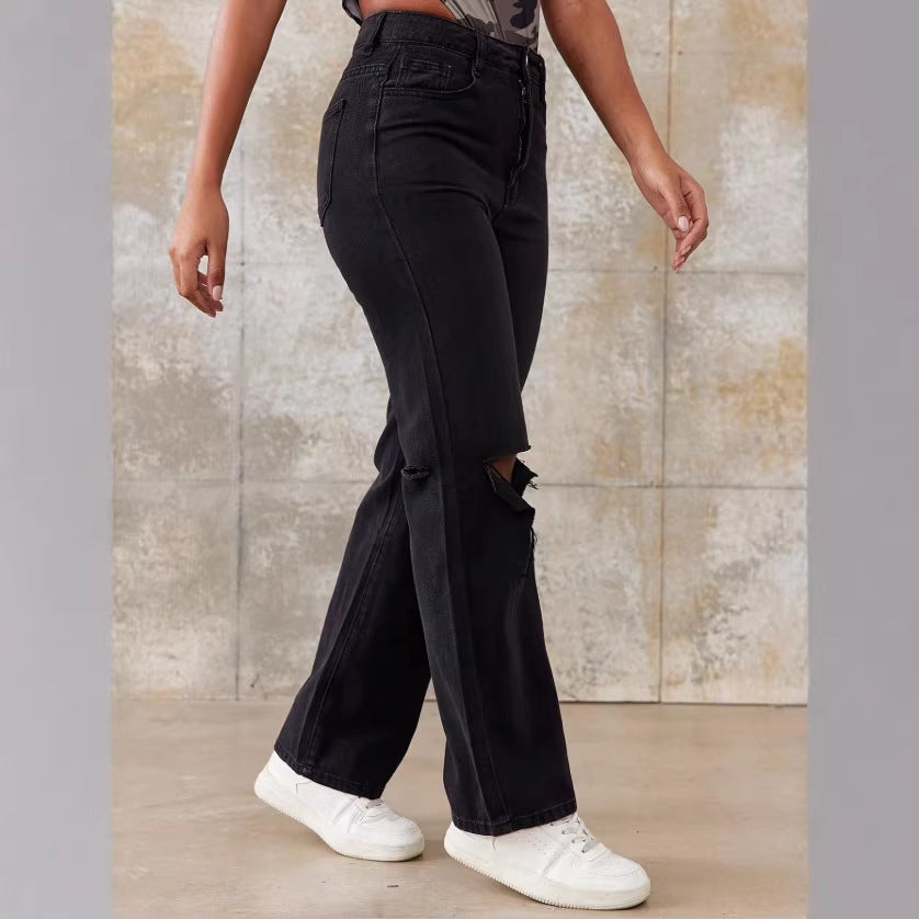 Ladies High-Waist Straight Jeans with wide leg, knee rip and textured denim look Mune Fashion
