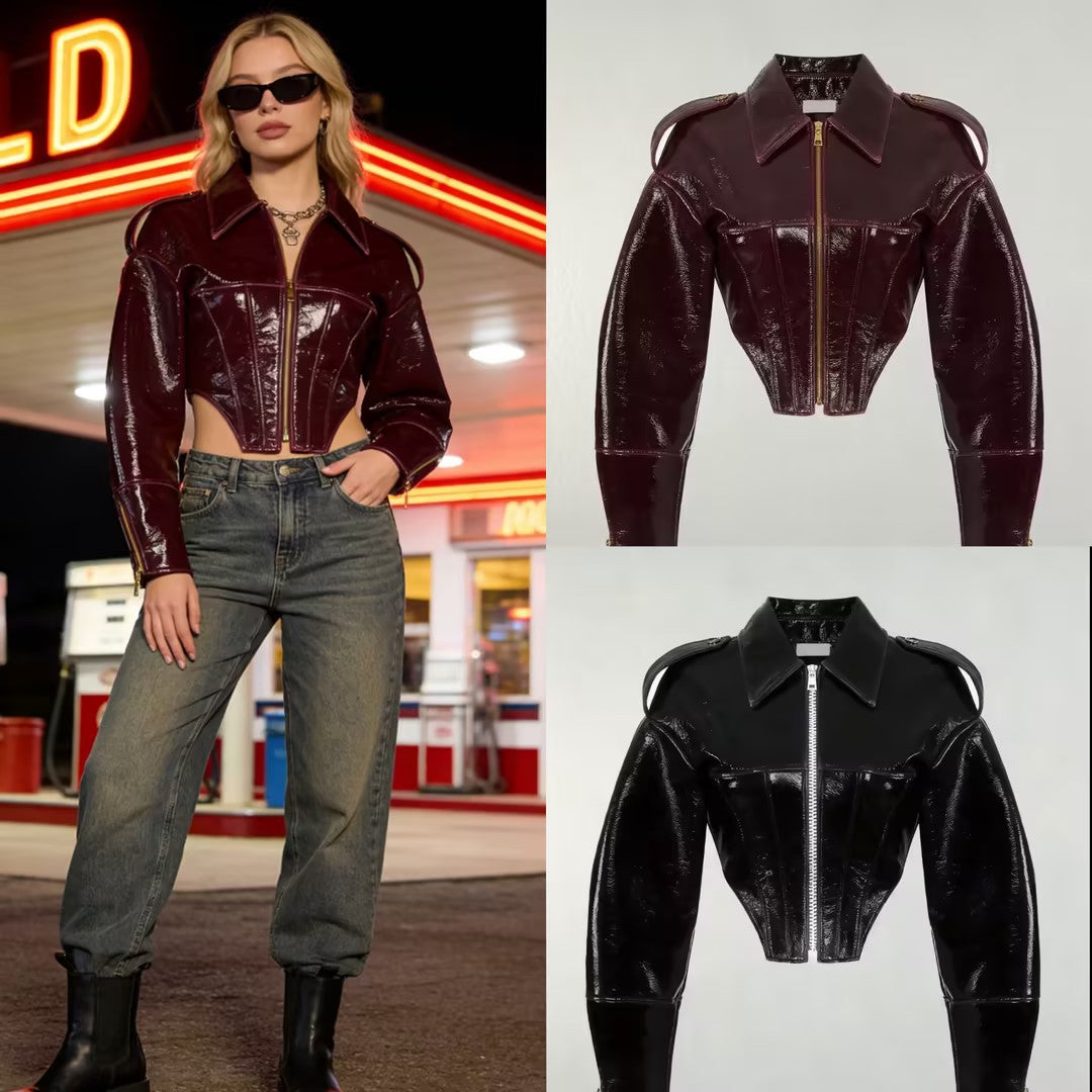women's short-cut faux patent leather blouson with tailored corset cut Mune Fashion
