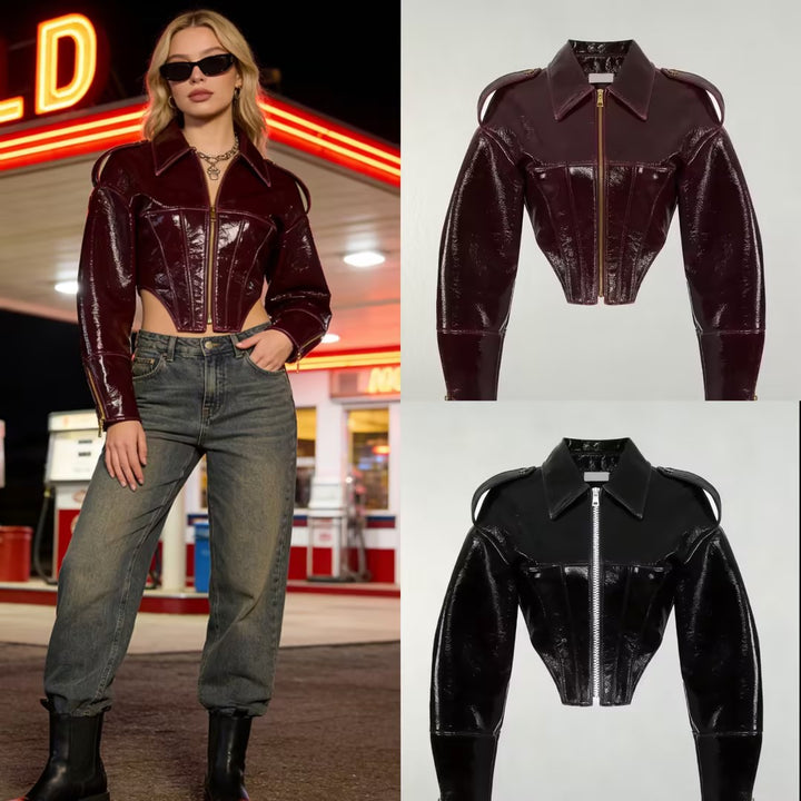 women's short-cut faux patent leather blouson with tailored corset cut Mune Fashion