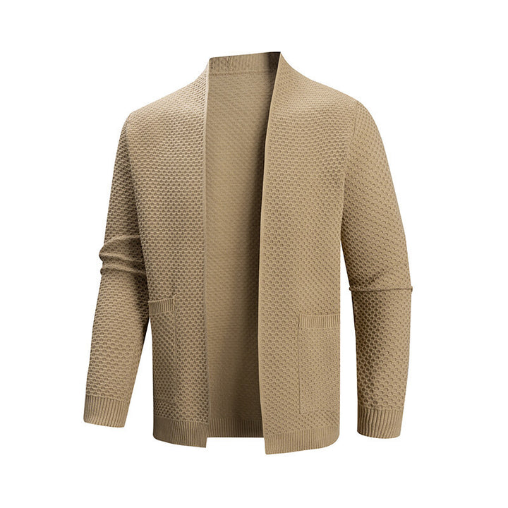 Men's cardigan with open waffle knit and shawl collar, patch pockets, and ribbed cuffs Mune Fashion