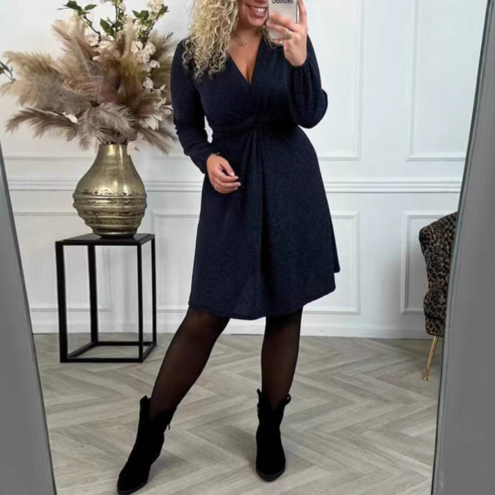 Women's knee-length V-neck dress with gathered waistband made of lightweight glossy knit Mune Fashion