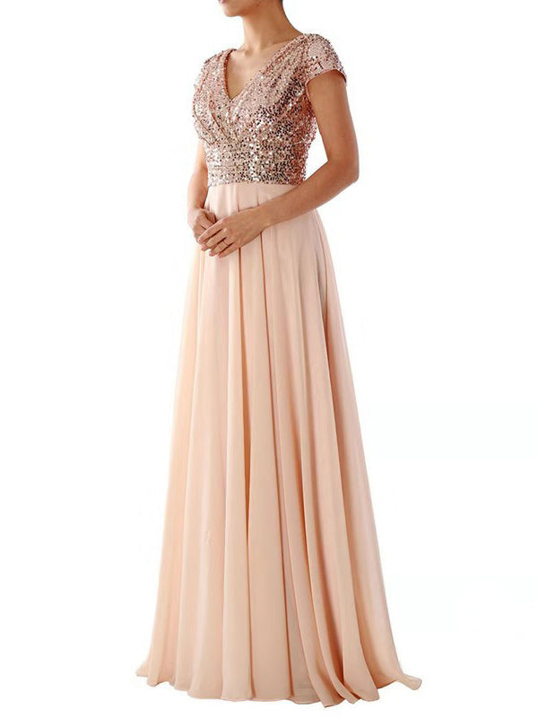 Mune | Women Dresses V-Neck Sequin Chiffon Panel Maxi Dress