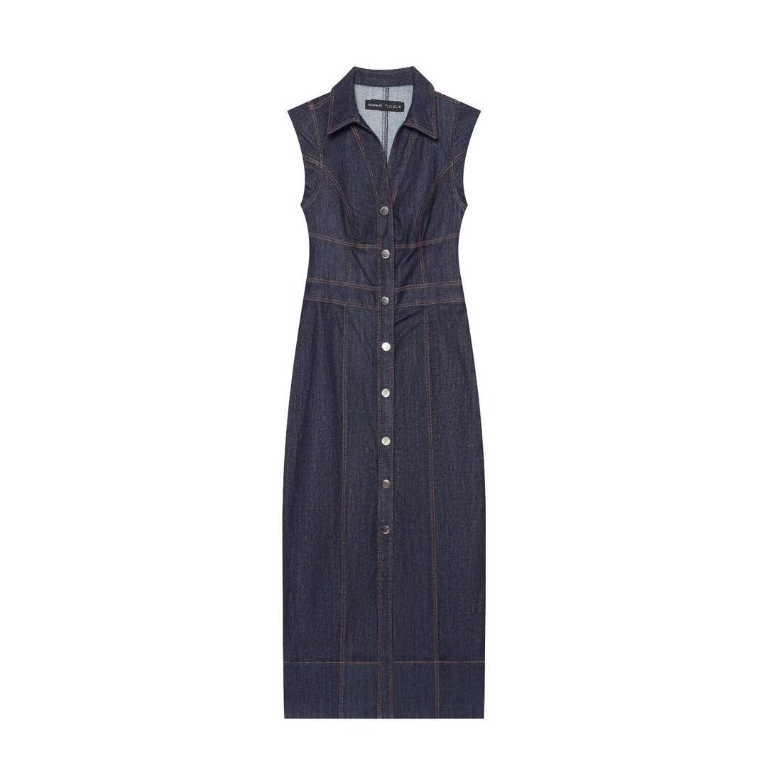 Women's Sleeveless Denim Maxi Dress with Shirt Collar, Tailored Silhouette and Continuous Snap Button Placket Mune Fashion