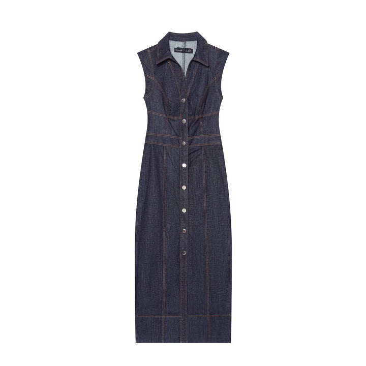 Women's Sleeveless Denim Maxi Dress with Shirt Collar, Tailored Silhouette and Continuous Snap Button Placket Mune Fashion