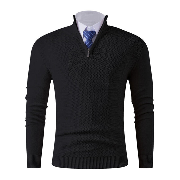 Men's fine knit pullover with stand-up collar and half zipper, textured knit and slim business casual fit Mune Fashion