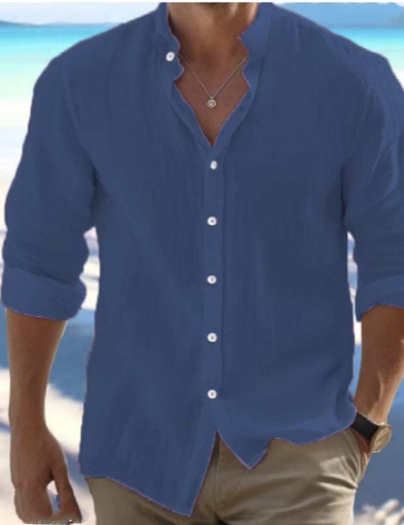 Men's light linen blouse shirt with stand-up collar, straight cut and continuous button placket Mune Fashion