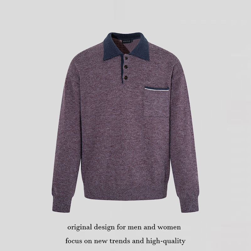 Men's polo shirt-knit sweater with button placket, chest pocket, and contrast collar Mune Fashion