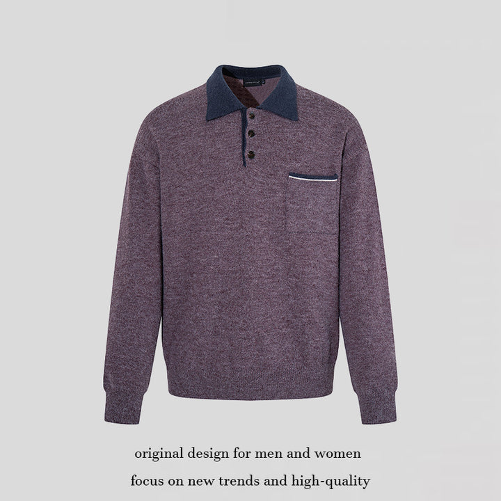Men's polo shirt-knit sweater with button placket, chest pocket, and contrast collar Mune Fashion