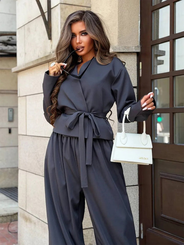 Women's Elegant Two-Piece Set with Wrap Jacket and Wide Pleat Trousers Mune Fashion