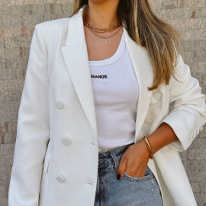 Women Fitted Double-Breasted Long Blazer with Light Shoulder Pads and Clean Lapels Mune Fashion