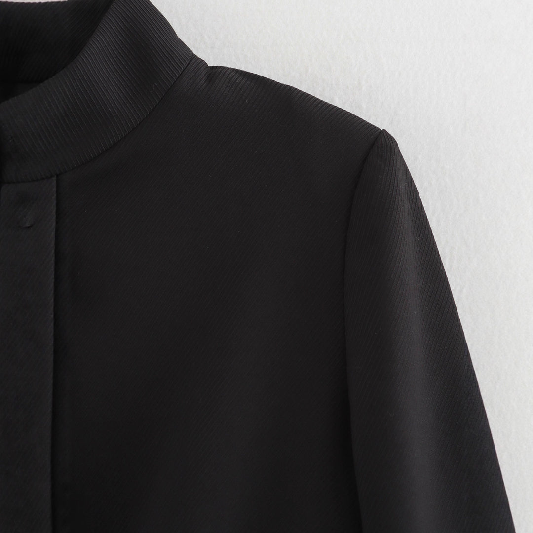 Women Tailored Short Blazer with Stand Collar and Golden Decorative Buttons Mune Fashion