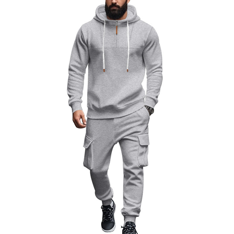 Men's cargo-style hooded sweatshirt and jogger set with short chest zipper and flap pockets Mune Fashion