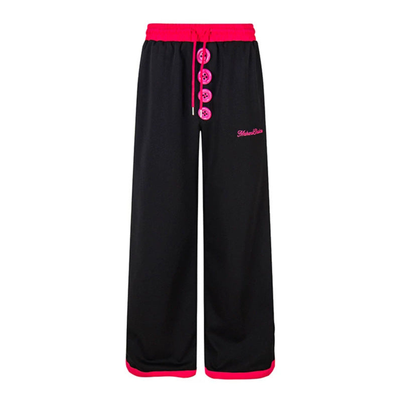 Women Wide Lounge Pants with Decorative Button Placket, High Waist and Drawstring Mune Fashion