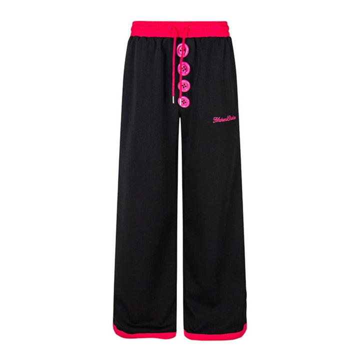 Women Wide Lounge Pants with Decorative Button Placket, High Waist and Drawstring Mune Fashion