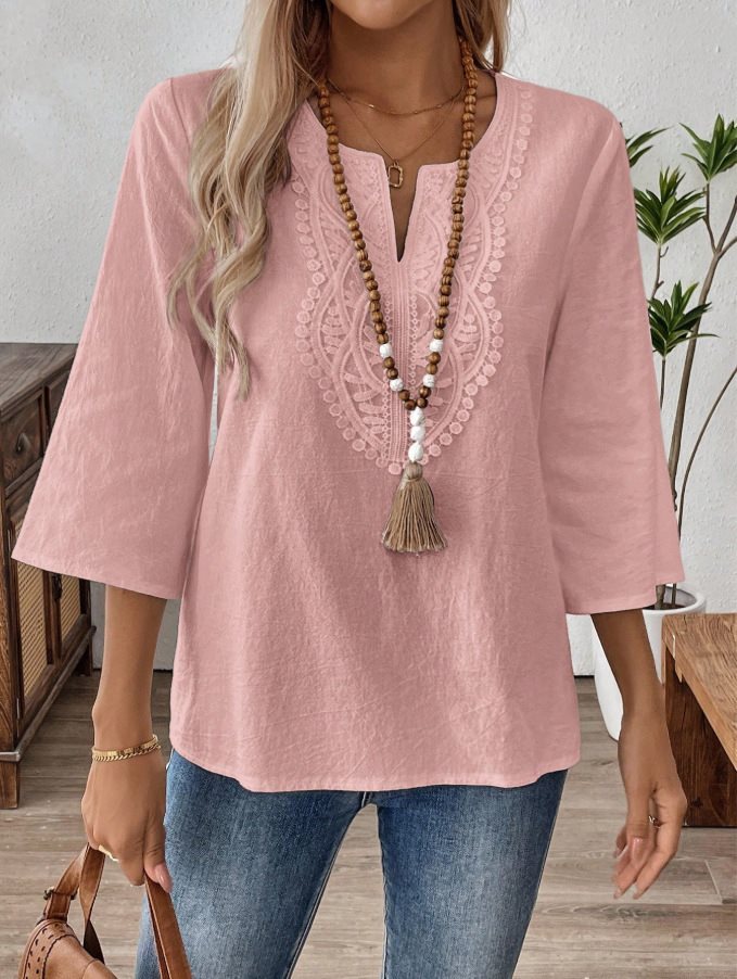 Women's Embroidered Linen Tunic with V-Neck and Three-Quarter Sleeves Mune Fashion