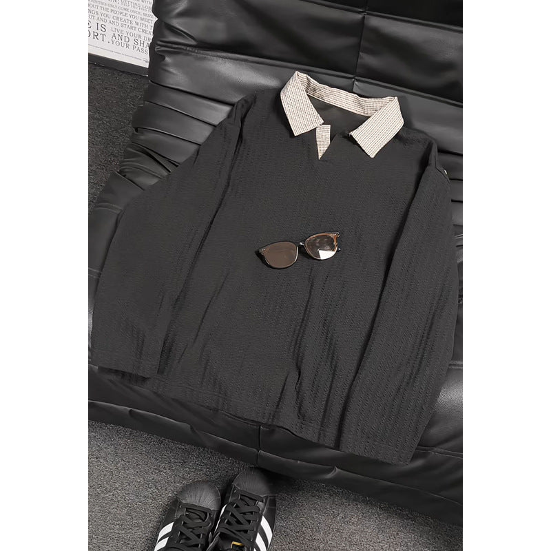Women's Fashion Oversized Shirt with Checked Collar Mune Fashion