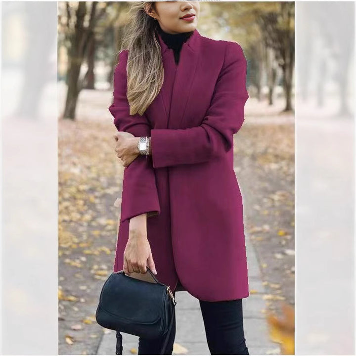 Women's tailored long blazer coat with stand-up collar and concealed fastening Mune Fashion