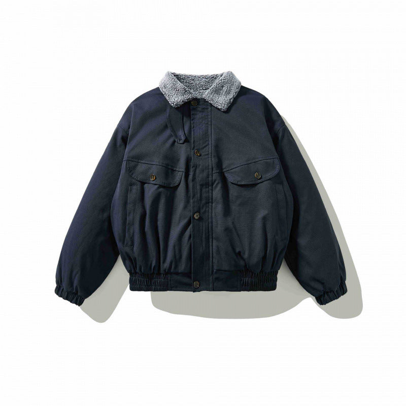 Men's Boxy Utility Bomber Jacket with Sherpa Collar and Concealed Snap Placket Mune Fashion