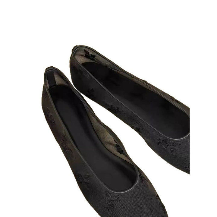 Damen Bestickte Mesh-Ballerinas mit quadratischer Zehenpartie und Rosenstickerei Mune Fashion
