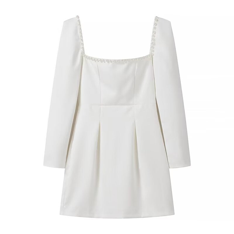 Women Figure-Hugging A-Line Mini Dress with Square Neckline, Long Sleeves and Beaded Detail Mune Fashion
