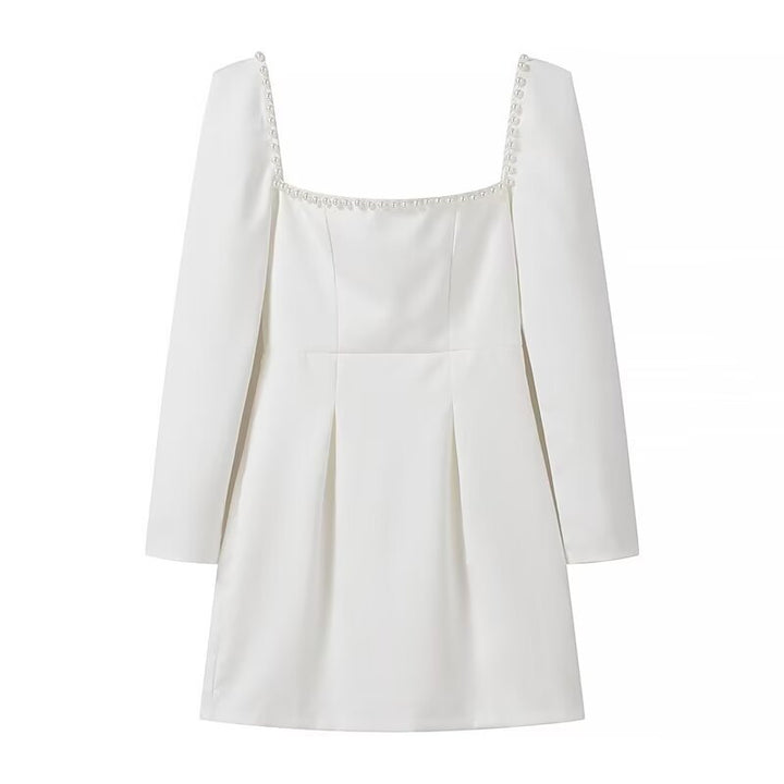 Women Figure-Hugging A-Line Mini Dress with Square Neckline, Long Sleeves and Beaded Detail Mune Fashion