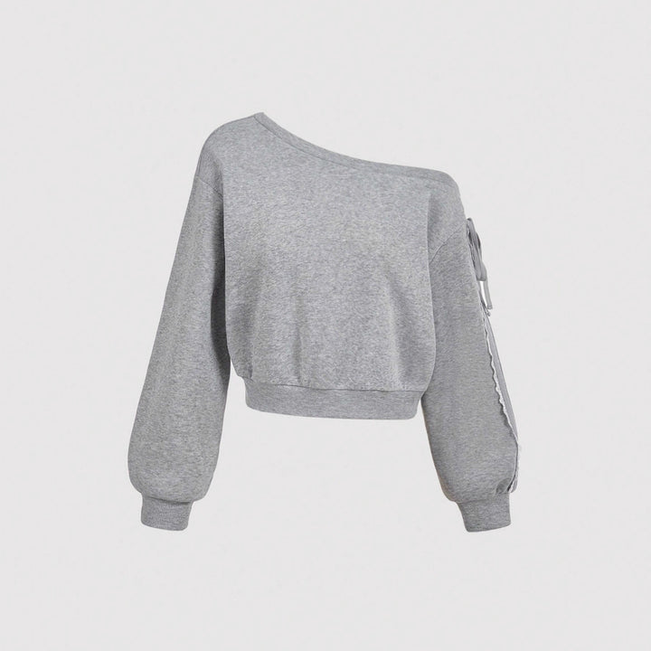 Women's Cropped One-Shoulder Sweatshirt with Balloon Sleeves and Lacing Detail Mune Fashion