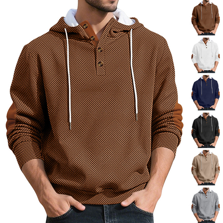 Men's structured hoodie henley pullover with jacquard texture, button placket, and elbow patches Mune Fashion