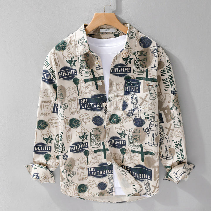 Men's Artistic Graphic Overshirt in Relaxed Layering with Allover Sketch Print and Soft-Touch Cotton Mix Mune Fashion